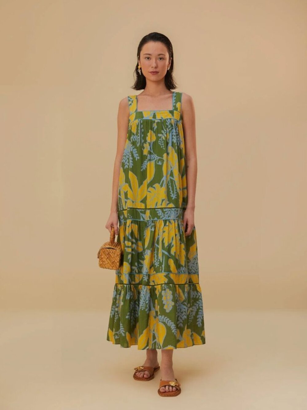 FARM Rio Green Foliage Yellow Blue Botanical Tropical Print Sketch Maxi Dress